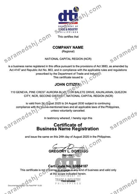 Philippines certificate of business name registration Word and PDF version 2